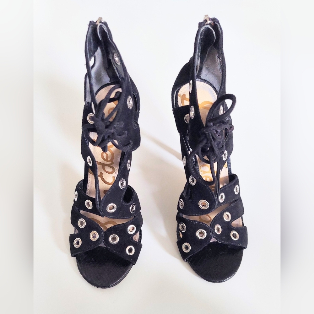 Sam Edelman Suede Grommet Gladiator Heels Size 7M Black 4 Inch